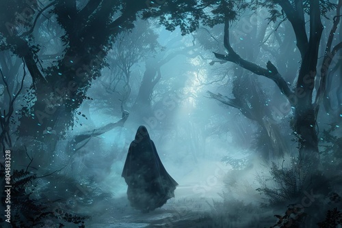 mysterious hooded figure walking through a misty enchanted forest digital fantasy illustration