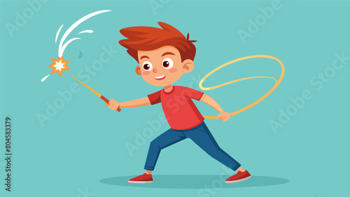 A young boy practicing his coordination skills by trying to swirl two sparklers at once.. Vector illustration