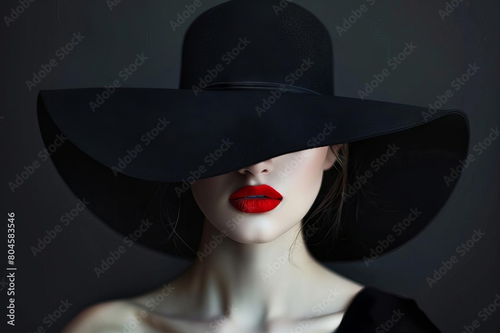 mysterious woman with red lips concealed beneath oversized black hat portrait photo mysterious woman with red lips concealed beneath oversized black hat portrait photo