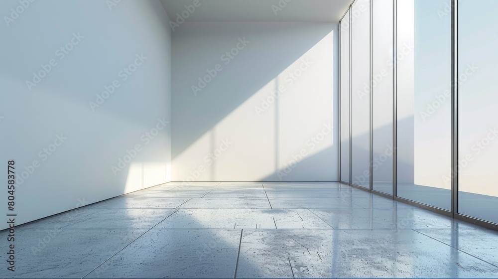 A white room with a large window and floor tiles, AI A white room with a large window and floor tiles, AI