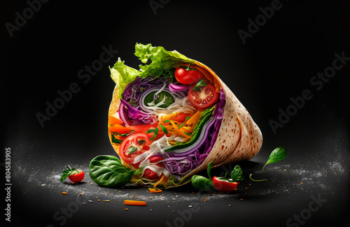 kebab wrap, product studio photo, dark black background, fresh salad tomato onion, illustration generative ai © Яна Ерік Татевосян