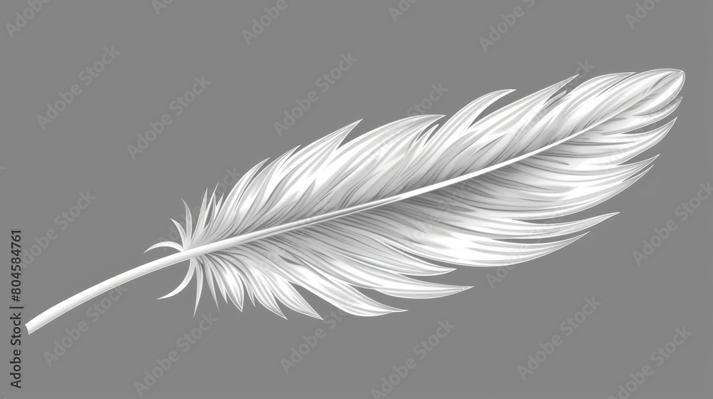 Obraz premium A white feather against a gray backdrop, outlined in white at the tip The very tip of the feather also highlighted in white