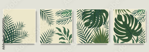 Vintage style foliage wall art template.Modern shape line art, foliage, botanical, tropical leaves floral design.  Botanical posters for wall decoration, interior, wallpaper, banner