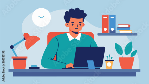 A man at his desk struggling to maintain focus on his work as he constantly fidgets and rearranges objects on his desk.. Vector illustration