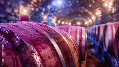 Barrels of wine fermenting in a winery cellar. Concept Winery, Barrels, Wine, Fermenting, Cellar photo