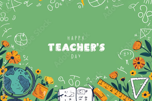 A vibrant and colorful illustration of a teacher's day vcelebration. Dominating the background is a soft hue, punctuated with white doodles of mathematical symbols, such as percentages and equations.  photo