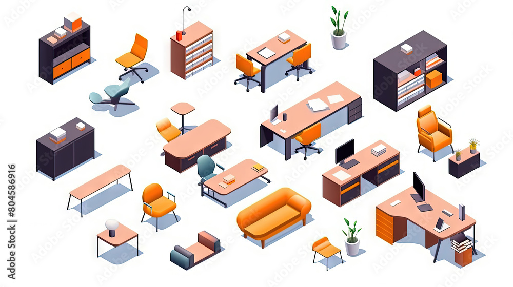 Set of isometric office furniture with desk and chair icons.