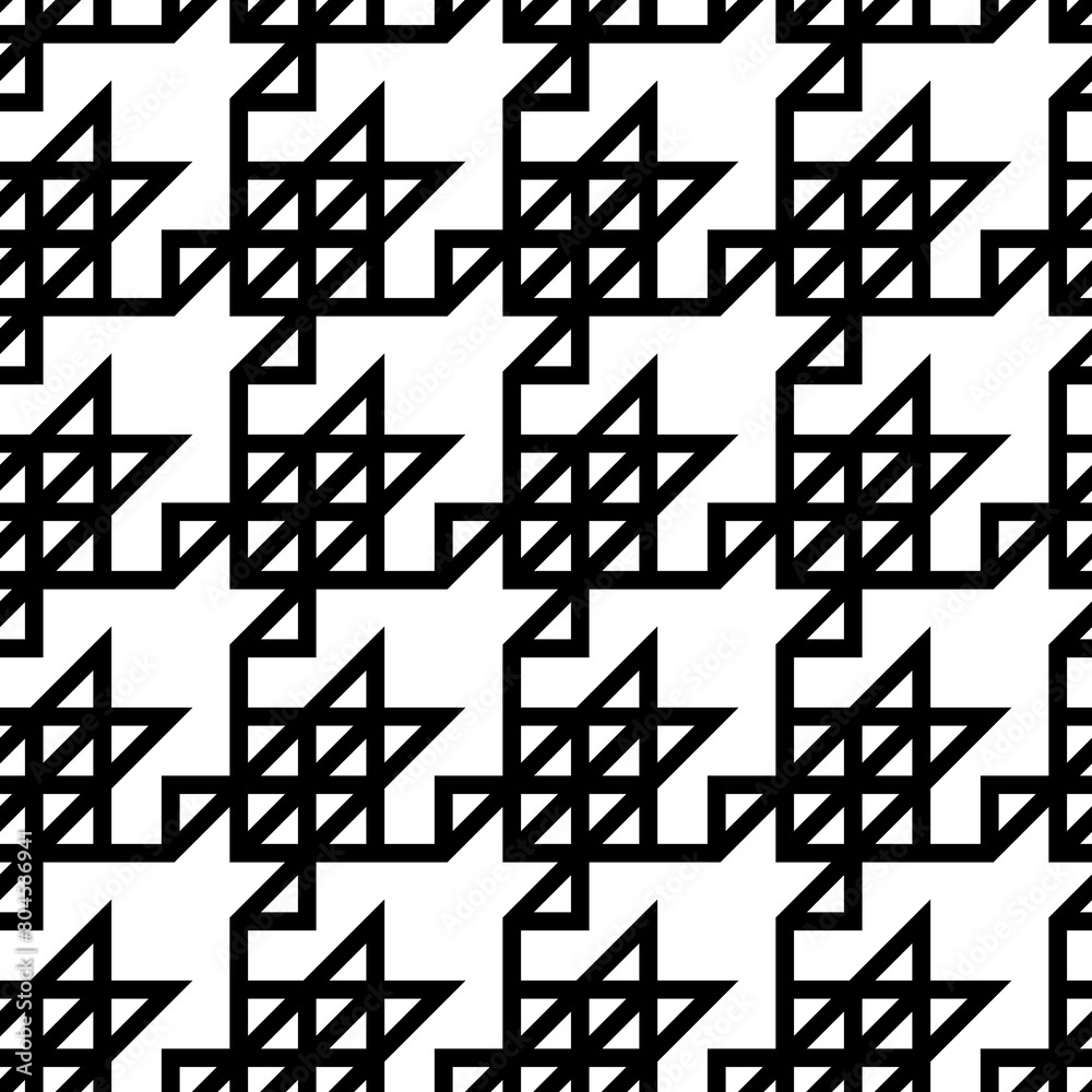Fototapeta premium Linear ornament. Triangles pattern. Geometric background. Mosaic motif. Houndstooth wallpaper. Triangular figures backdrop. Digital paper, textile print, web designing. Seamless abstract.