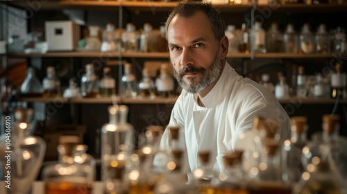 The picture of the perfume maker working inside the laboratory about research and testing new perfume or cologne, the perfume maker require skills like chemistry knowledge and product testing. AIG43.