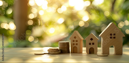 Photo of wooden houses and stacks of coins on a table, in the style of a real estate