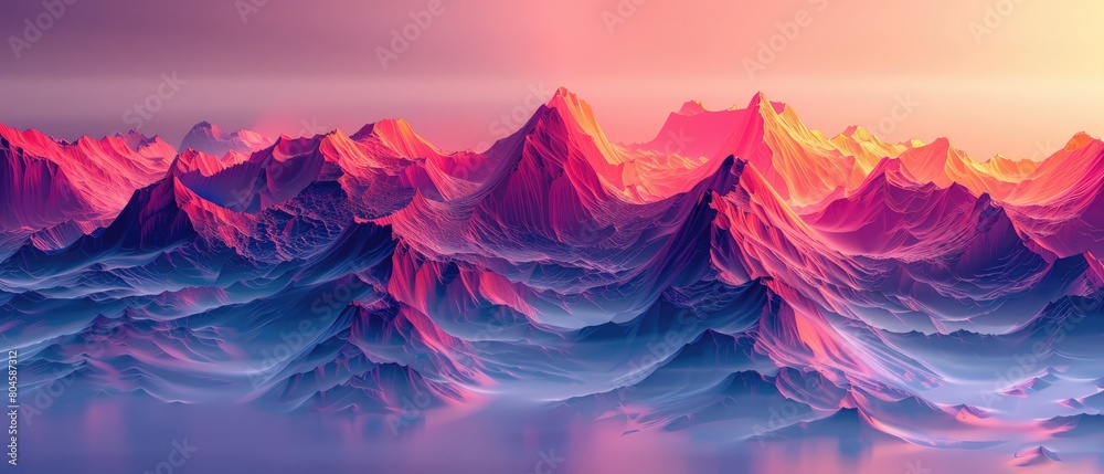 A beautiful landscape of a mountain range at sunset. The sky is a gradient of orange, pink, and purple, and the mountains are a deep blue. The sun is setting behind the mountains, and its rays are cas