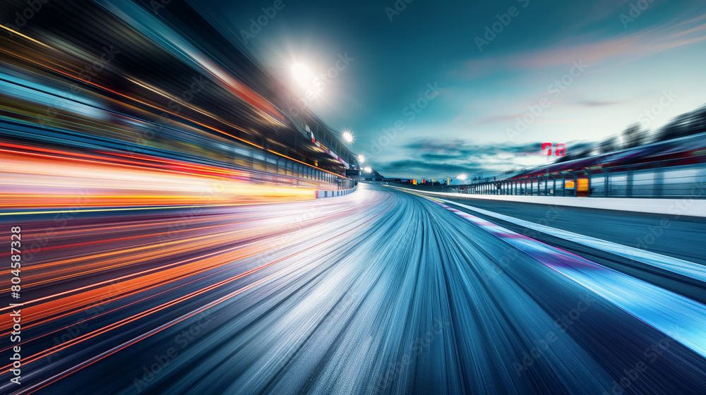 High-speed race track at night, beautifully illuminated by vibrant, colorful light trails that create a sense of motion and speed.