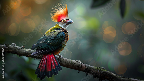A vibrant red crested turaco perches on a branch, its feathers gleaming in HD clarity. photo