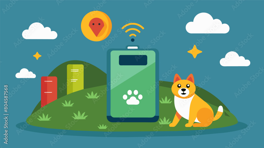 Obraz premium A GPSenabled pet tracker with a rechargeable battery and ecofriendly packaging.. Vector illustration
