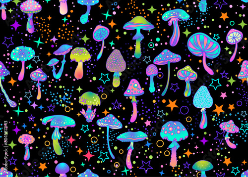 Magic mushrooms and stars seamless pattern. Psychedelic hallucination. 60s hippie colorful art. Vintage psychedelic textile, fabric, wrapping, wallpaper. Vector repeating illustration.