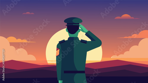 Serene Salute A serene and peaceful scene of a soldier saluting during a sunset ceremony with the tranquil colors of the sky in the background.. Vector illustration