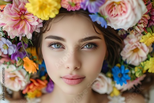 beautiful young woman with colorful flowers in her hair portrait photography