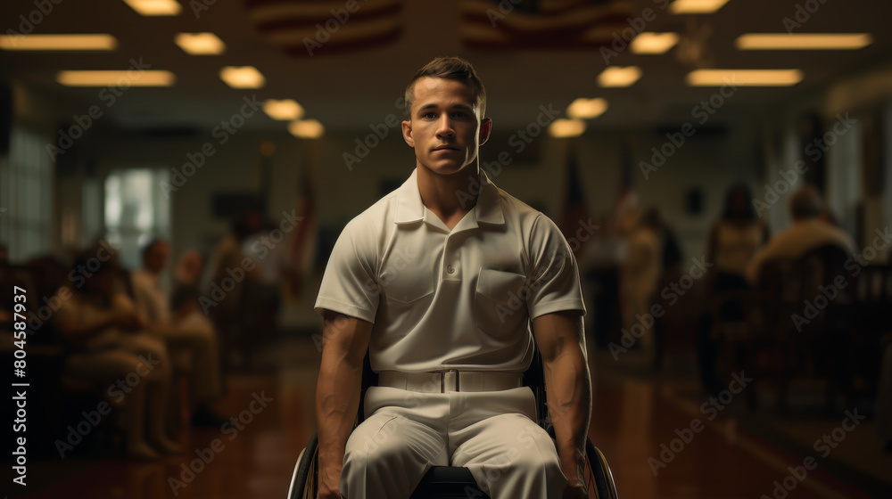 A powerful portrait of a young Navy officer in a wheelchair, symbolizing resilience and dedication despite physical challenges. A powerful portrait of a young Navy officer in a wheelchair, symbolizing resilience and dedication despite physical challenges.