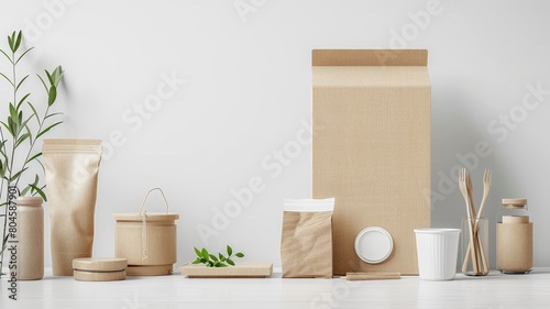 An eco-friendly packaging setup with natural materials and minimalist design.