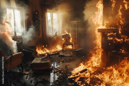 burning room interior with furniture engulfed in flames smoke and soot dramatic fire scene