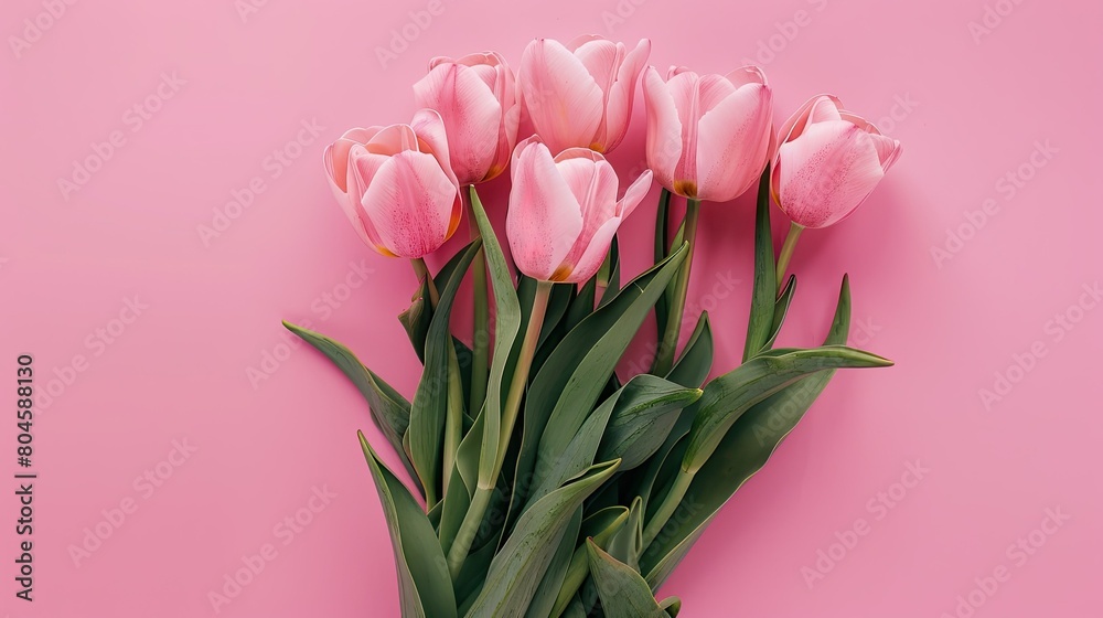 Fototapeta premium A top down view of a lovely bunch of soft pink tulips set against a pink backdrop leaving room for text