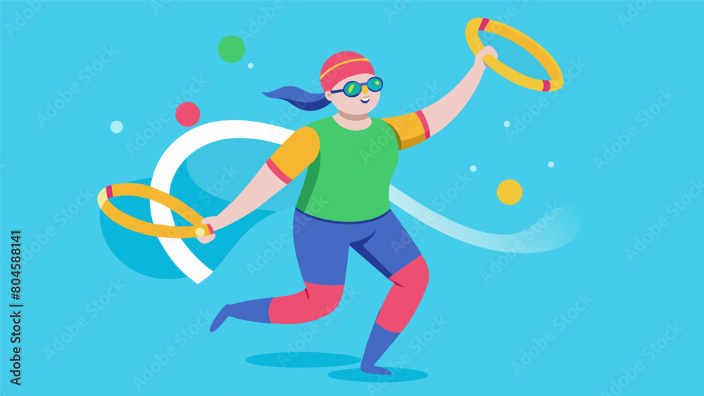 A person with a visual impairment using brightly colored noodles and floatation devices to participate in an aqua aerobics session.. Vector illustration