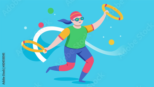 A person with a visual impairment using brightly colored noodles and floatation devices to participate in an aqua aerobics session.. Vector illustration