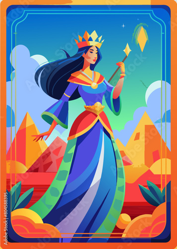 tarot card wit running caucasian queen with black hairs