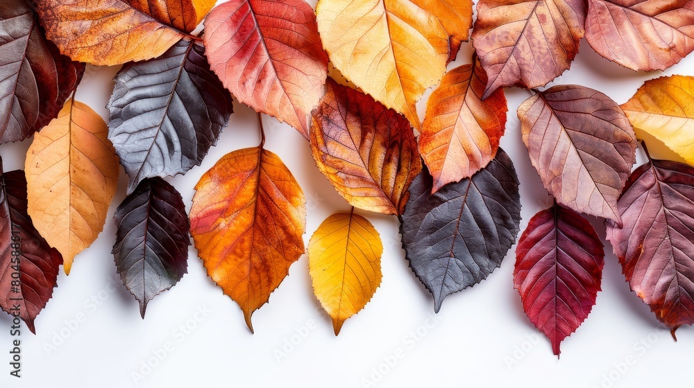 The border frame is composed of colorful autumn leaves isolated on white