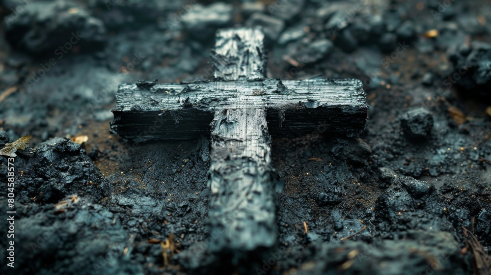Wooden cross on the ground. conceptual background.