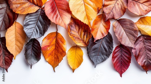 The border frame is composed of colorful autumn leaves isolated on white