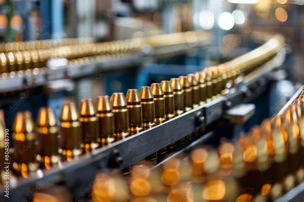 closeup of ammunition shells and cartridges on an assembly line in a military manufacturing plant industrial photography
