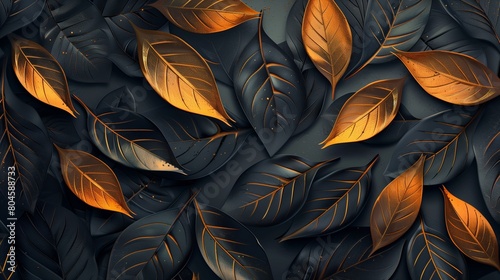 Black and gold leaves pattern on a dark background in the style of a vector illustration.