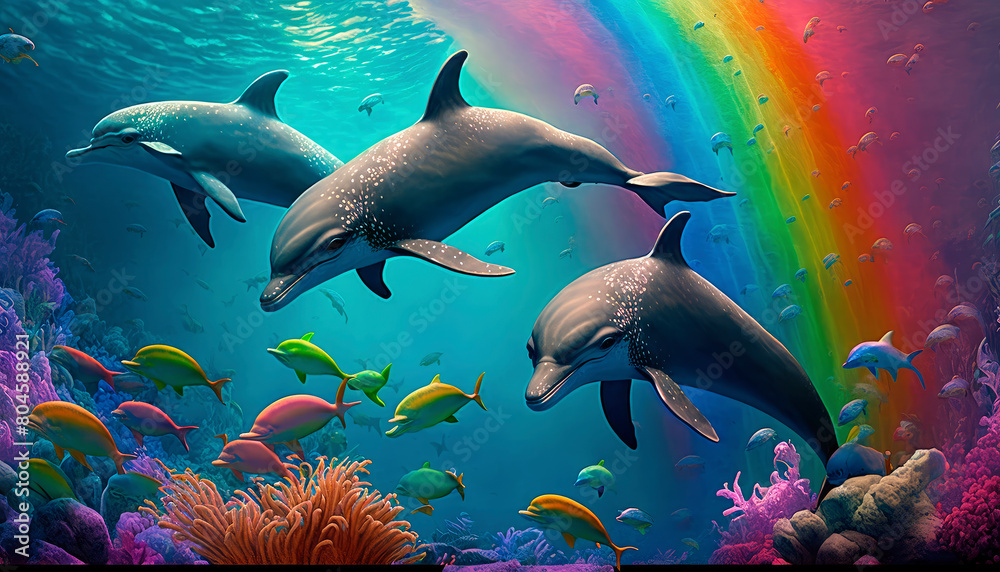 dolphins swim in the sea. Generative AI,