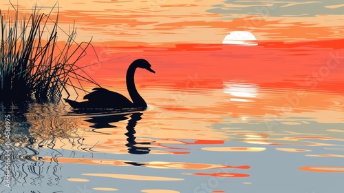   Swan atop tranquil water  grassy bank towers behind  sunset backdrop