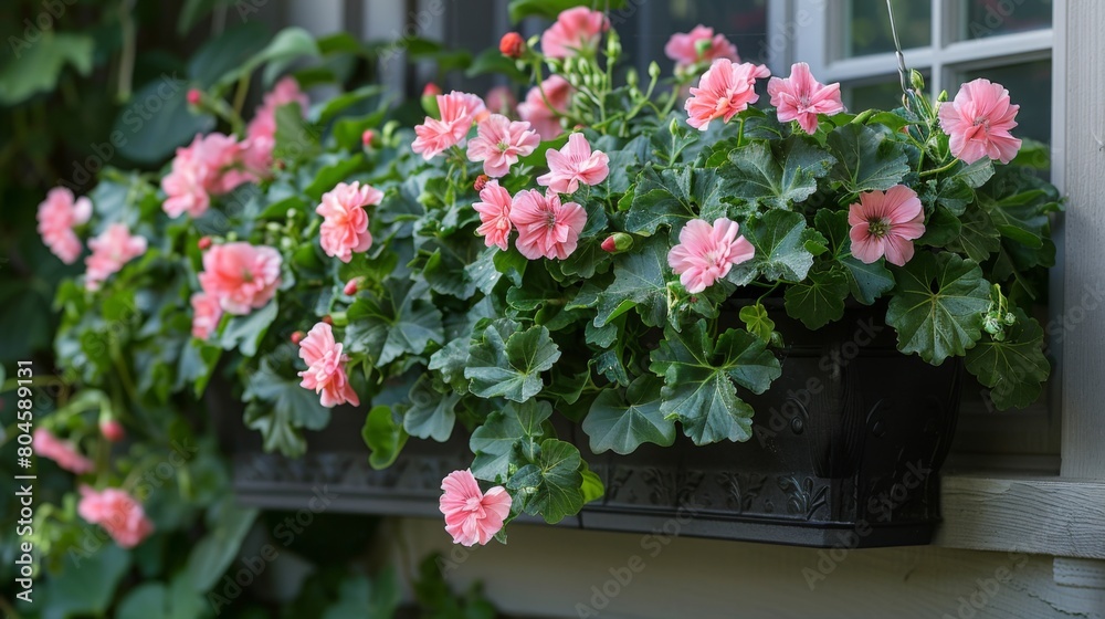 Dive into the world of botanical beauty with an image showcasing the elegant Pelargonium peltatum, also known as ivy-leaf geranium, cascading gracefully from a hanging basket or spilling