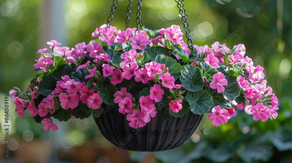 Marvel at the stunning beauty of Pelargonium peltatum with an image that captures the plant's lush foliage and vibrant blooms cascading from a hanging basket or trailing gracefully over a garden wall