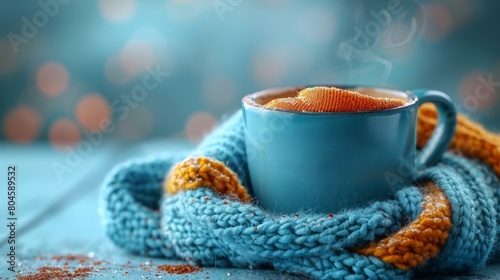 An illustration of a blue cup with scarfcoffee on a blue background. Blue Monday concept. photo