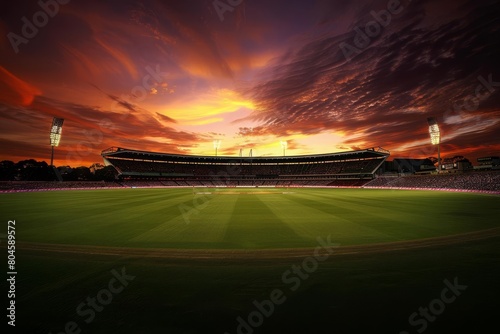 cricket stadium transformed daylight fading into electrifying evening ambiance panoramic photography photo