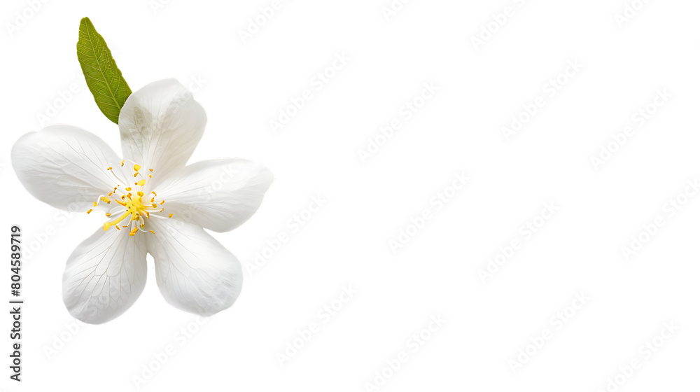 A small white jasmine flower on the left side of an all white background