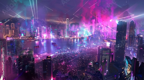 A bustling futuristic city at night with bright lights illuminating the skyline  showcasing a modern metropolis teeming with activity and energy.