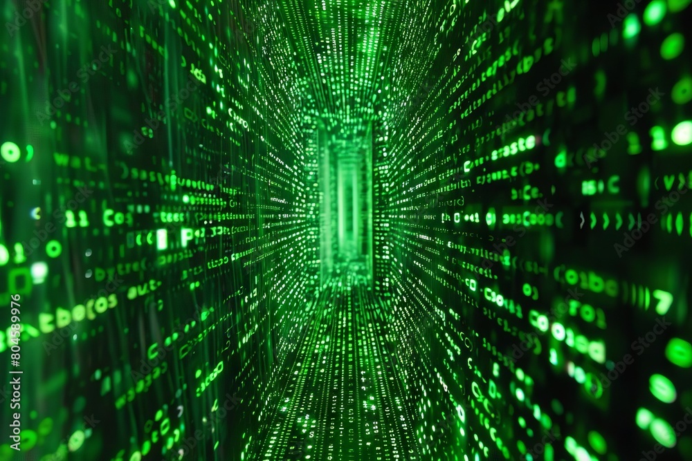 digital matrix binary code illuminating a void technology background