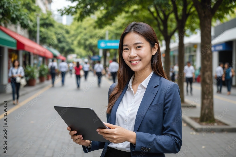 Smiling young asian businesswoman holding smart phone and laptop on footpath Smiling young asian businesswoman holding smart phone and laptop on footpath