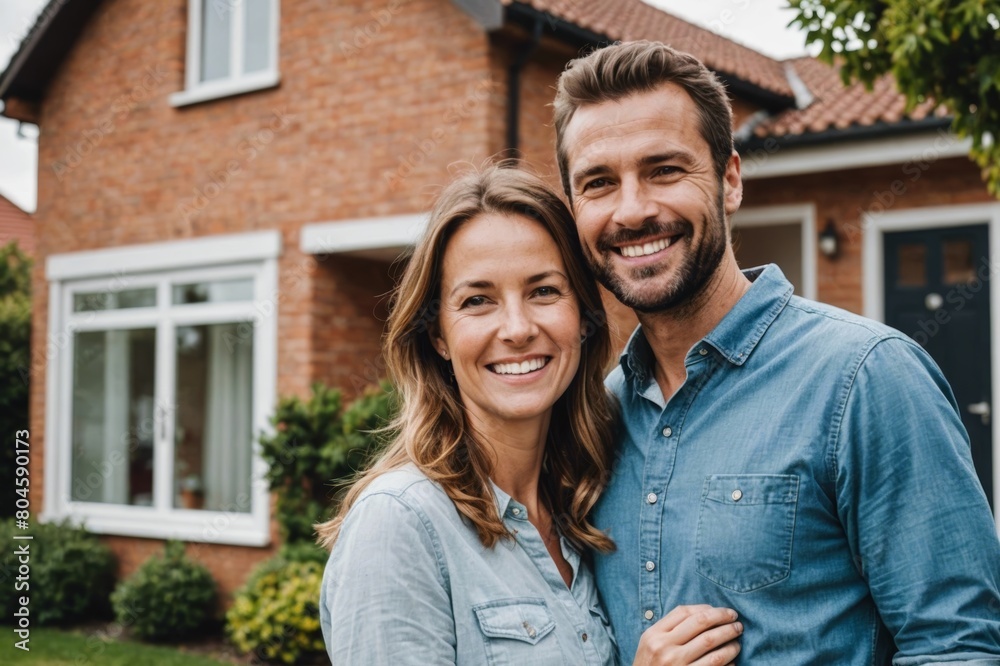 Smiling couple standing in front of their home