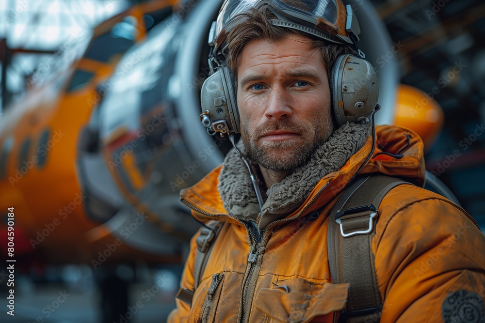 Pilot with helmet in front of helicopter Pilot with helmet in front of helicopter