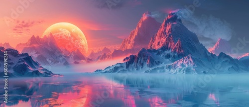 A beautiful landscape with a large pink moon rising over snow-capped mountains and a frozen lake in the foreground.