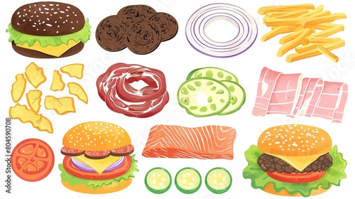 Assorted fast food items - illustration of hamburgers  side dishes and snacks