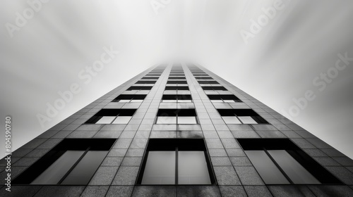   A monochrome image of a towering structure  boasting numerous windows mid-height  gazes skyward