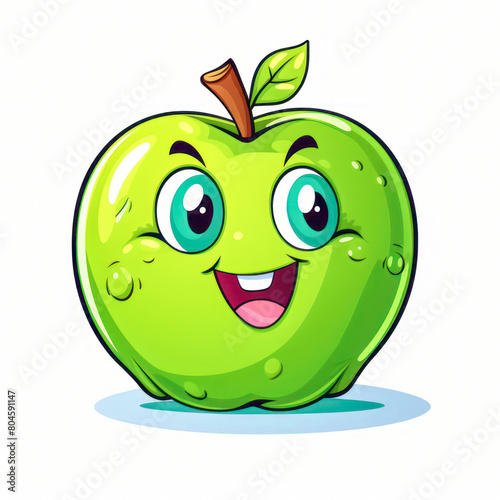 Green apple 3D funny cartoon cute character with eyes, smile on white background. Illustration for kid, sale, package, cutout minimal.