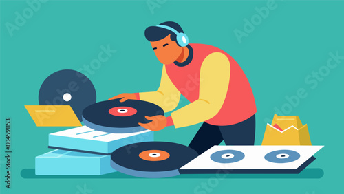 A worker carefully wraps each vinyl record in protective plastic before placing it into its sleeve and cover art. Vector illustration